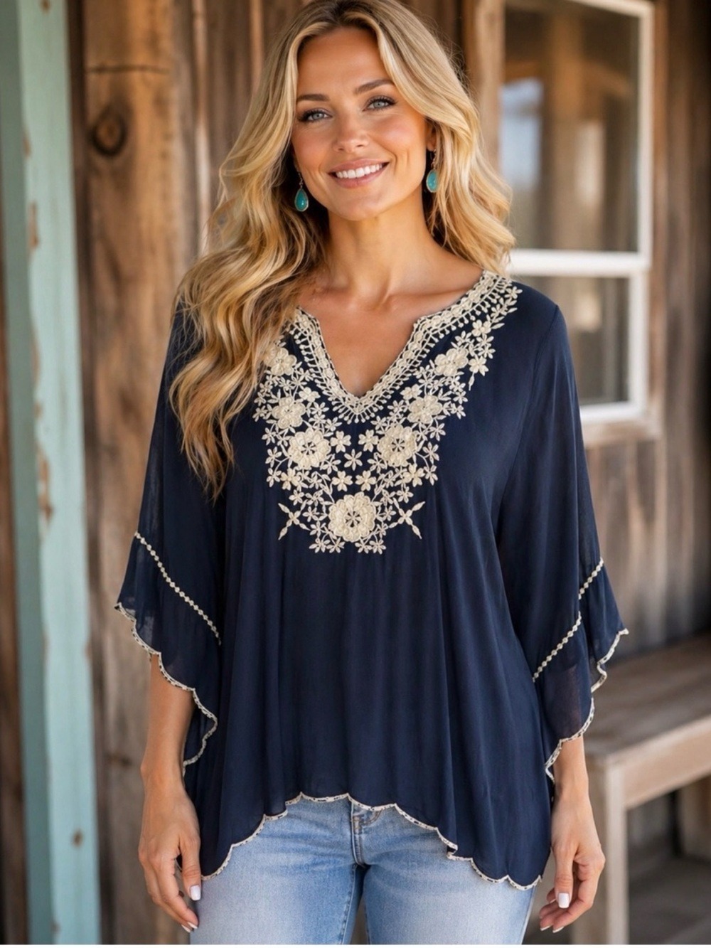 Johnny Was Embroidered Poncho Style Tunic Top Oversized SZ XS Navy Blue Cream